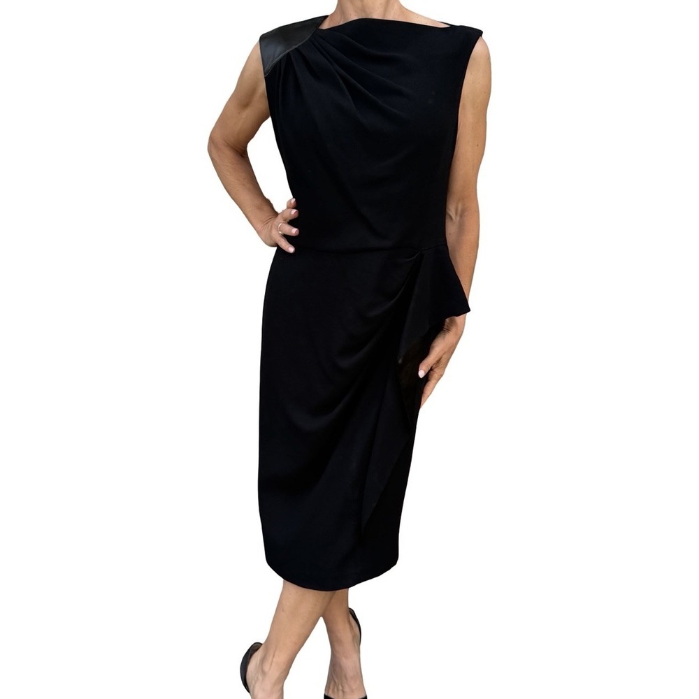 Rickie Freeman Teri Jon Black Cocktail Dress 14 Leather Sleeveless Sheath Midi